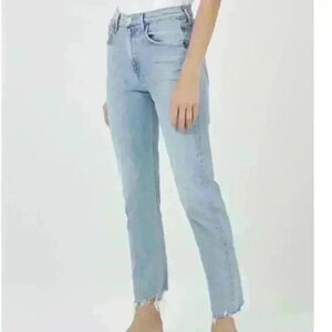 AGOLDE Merrel Straight Midwash Light Blue Raw Hem Jeans Women 25